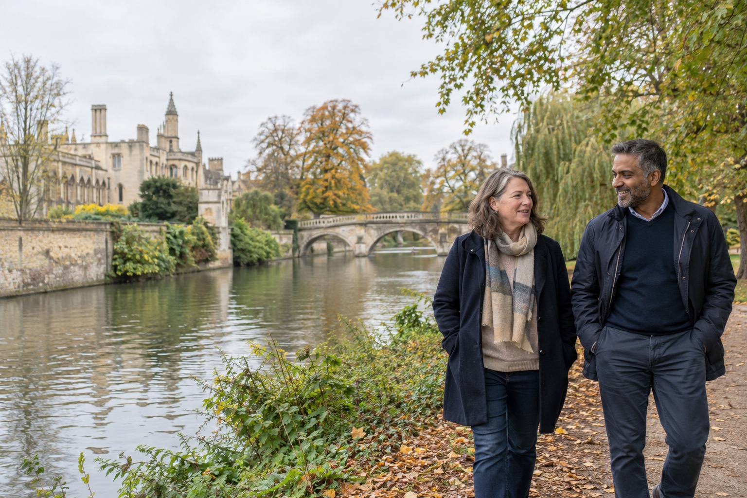Illustrative scene of two adults walking beside a river